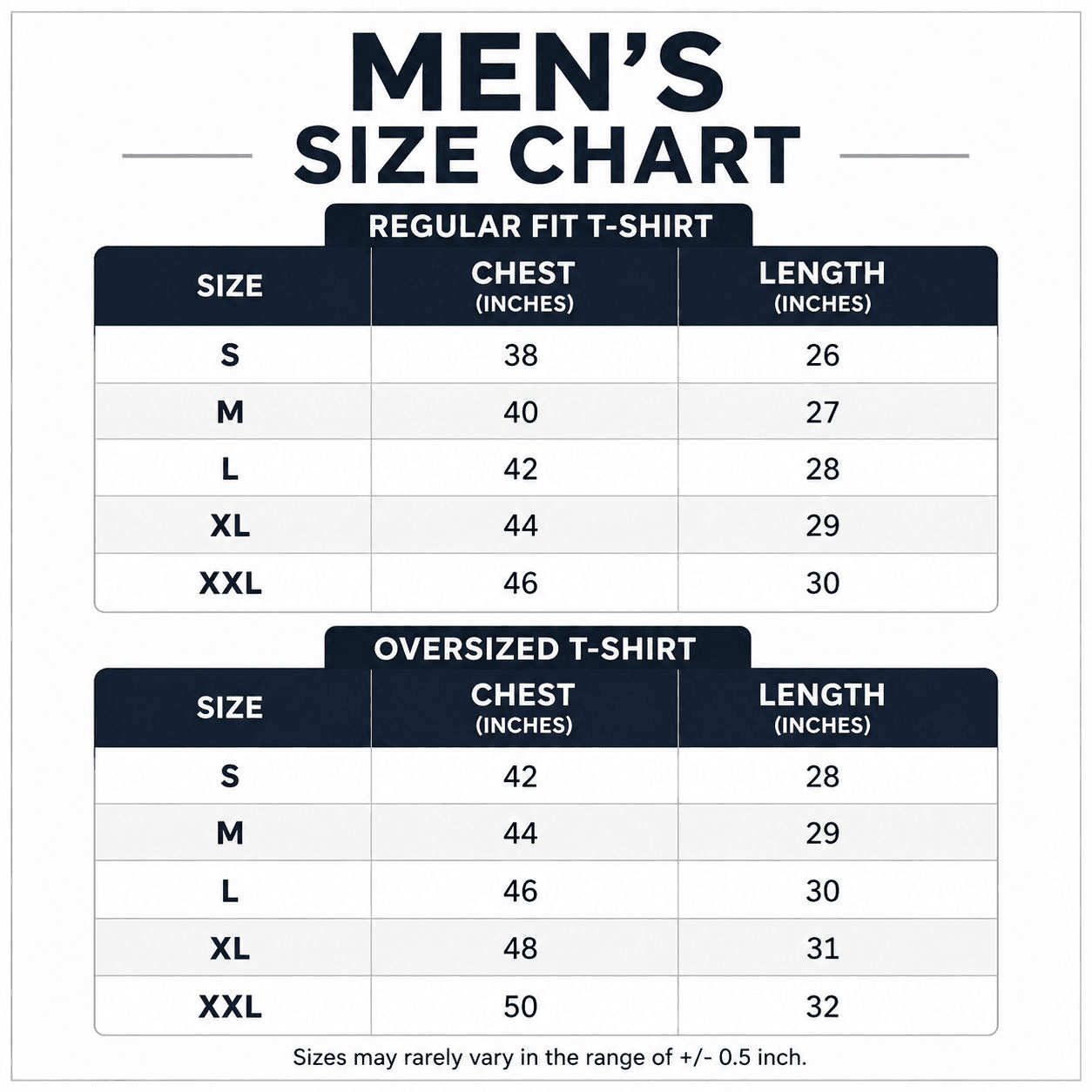 Men's size chart showing chest and length measurements in inches for regular fit and oversized t-shirts, sizes S to XXL